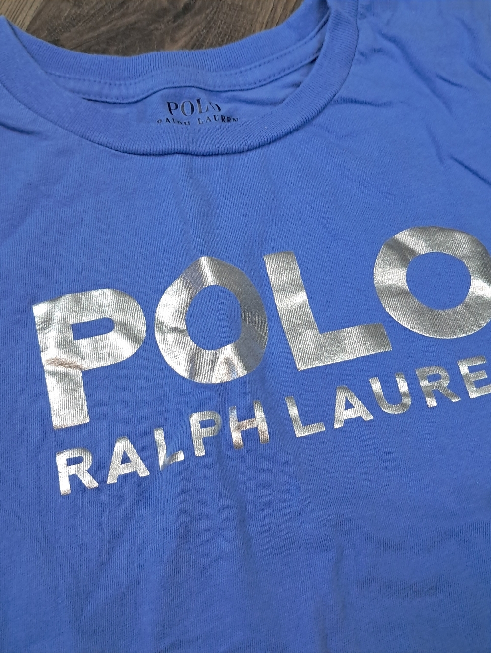 Polo Ralph Laurrn Girls Size Medium Blue T Shirt Metallic Logo 100% Cotton - Picture 3 of 5